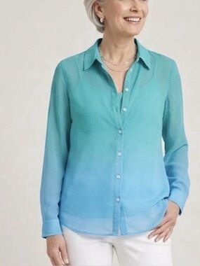 NWOT Chico's Teal Blue Ombre Semi-Sheer Button Down Blouse Size 0 (S/4) Coastal